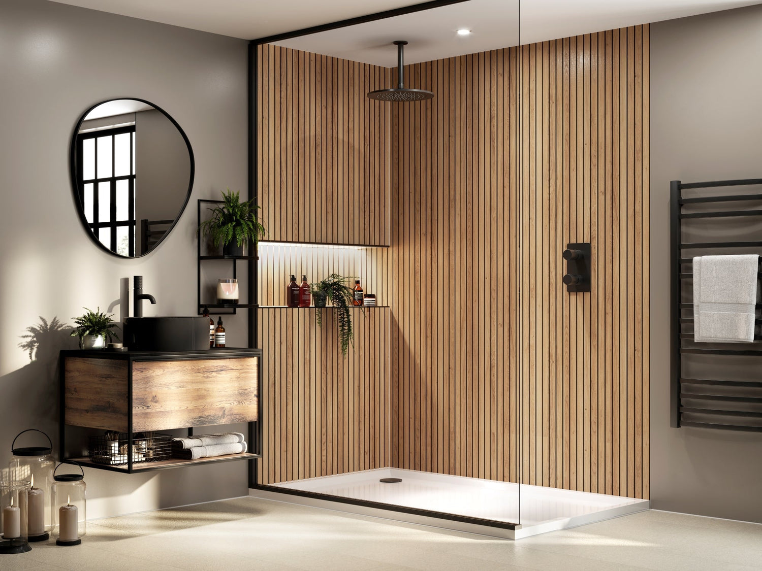 Naturepanel shower panels in a modern bathroom, bathroom panels with a sleek, natural finish