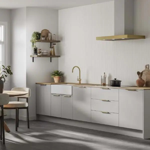 14 Slat Grained Alpine White with the shower panels showing up behind them kitchen counter - Shower Panels - The Wall Works