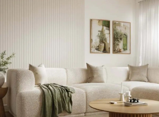 14 Slat Grained Angora Grey with a display of wall panels showing the panels- Shower Panels - The Wall Works