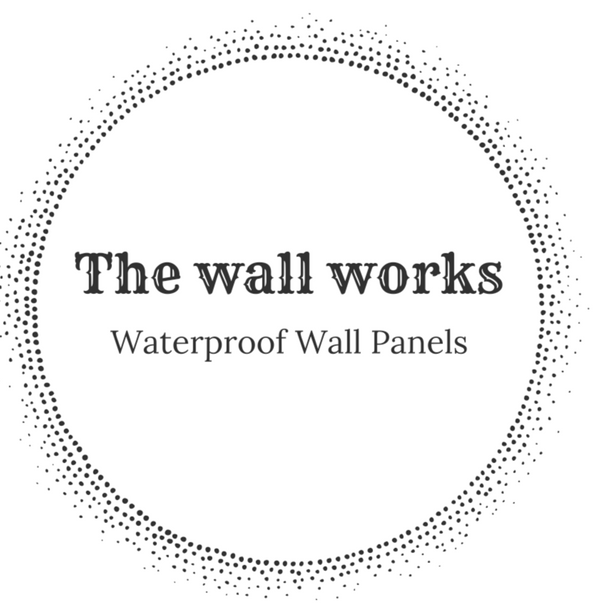 Circular design with 'The wall works' text on waterproof wall panels that has a black background and a white logo


