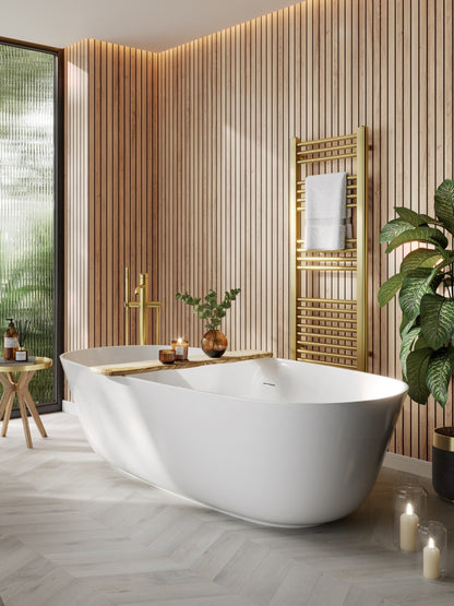 Multipanel Bleached Cuneo Oak, with the main focus of the photo being the shower panels behind it  - The Wall Works