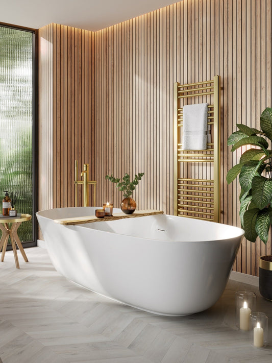 Multipanel Bleached Cuneo Oak, with the main focus of the photo being the shower panels behind it  - The Wall Works