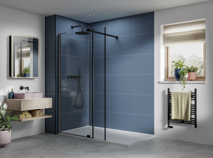 Multipanel Large Tile Misty Blue shower panels on display in a shower with black shower accessories and a mirror and wall-mounted cabinet to the left-hand side of the shower panels. On the other side, there is a wall-mounted towel rack with a window above the shower rack - wall panels - The wall Works