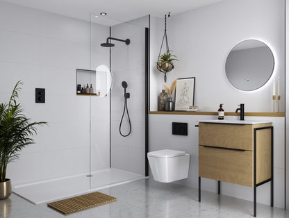 Multipanel Large Tile White Grey - shower panels on display around the entire room, with them mainly being in the shower with white and the shower panels white being the main colour in the bathroom, with black accent colours around the room, such as shower heads or bathroom cabinets. There is a wall-mounted toilet and the cabinet on the right of the shower - wall panels - The Wall Works