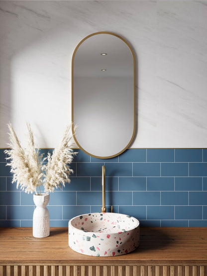 Multipanel Misty Blue Metro shower panels on display with a white wall above them and the wall panels below them with a mirror mounted to the wall with a bathroom counter with a sink on top of it - shower panels - The Wall Works