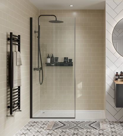 Multipanel Taupe Grey Metro on display in a shower, with the green shower panels being the main focal point, with a black shower door matching white wall panels, and a towel rack - shower panels - The Wall Works