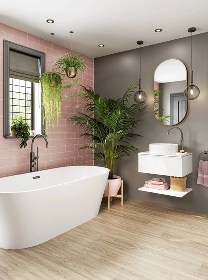 Modern bathroom with Antique Rose unlipped waterproof shower panels and freestanding bathtub, featuring plants and soft lighting.