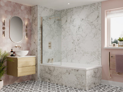 Multipanel Unlipped Bianca Luna on display behind a bath and around it, matching the pink walls. It matches the bath with the shower panels extending around it for a unique design. - The Wall Works
