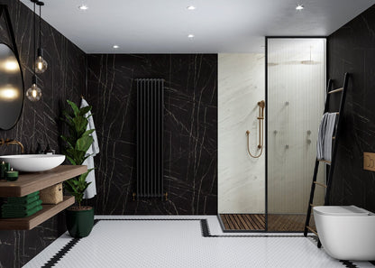 Multipanel Unlipped Black Pietra on display with a white shower panel, with the main focus being the black wall panels matching with the white ones, with a matching shower and bathroom cabinet - shower panels - The Wall Works