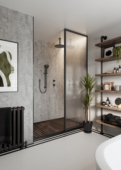 Multipanel Unlipped Concrete Elements on display with the plain painted wall matching the beautiful shower panels on display in the shower - The Wall Works