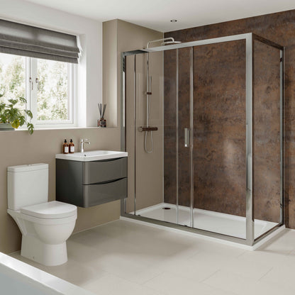 Corten Elements Unlipped is being displayed only in the shower whilst being with a plain wall with their shower panels. - Shower panels - The Wall Works