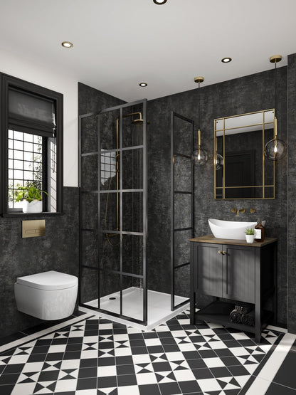 Graphite Elements Hydrolock being displayed in the shower and fully around the room, showing the beautiful black marble- Shower panels - The Wall Works