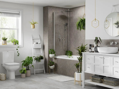 Modern bathroom with grey mineral unlipped waterproof shower panels, white fixtures, plants, and natural light from window.