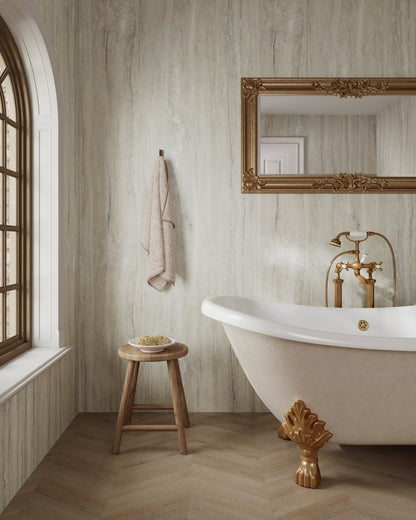 Multipanel Unlipped Jupiter Silver on display on the walls, displayed as a shower panel with the bathtub on display in front of the wall panel, matching the wall panels - shower panels - The Wall Works