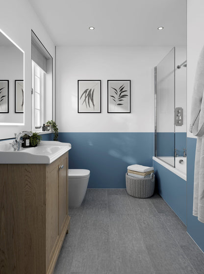 Modern bathroom featuring Misty Blue Hydrolock waterproof shower panels with a seamless, grout-free finish