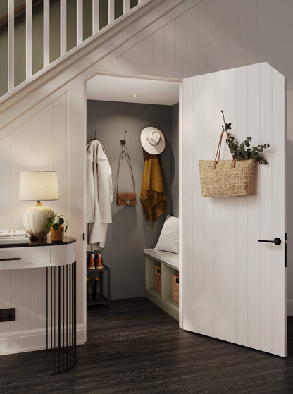 Modern hallway with Monument Grey unlipped shower panels, stylish storage bench, and decorative wall hooks.