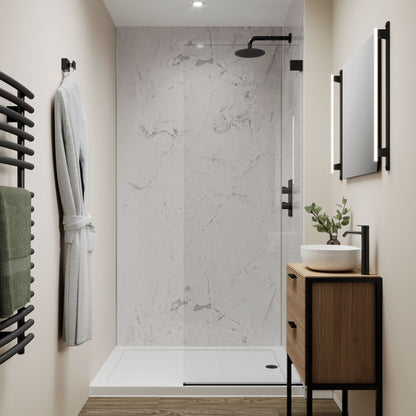 Multipanel Unlipped Onyx Marble on display in a shower with a matching shower door, matching the shower panels with a black and brown bathroom cabinet. - wall panels - The Wall Works