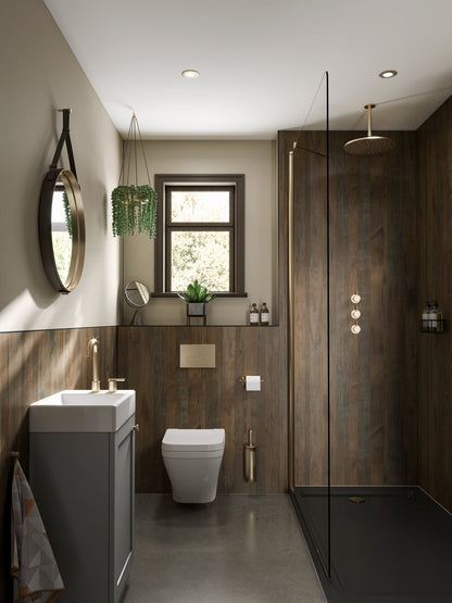 Multipanel Unlipped Salvaged Planked Elm is being displayed and shown on the walls in the shower and behind the toilet - Shower Panels - The Wall Wrks