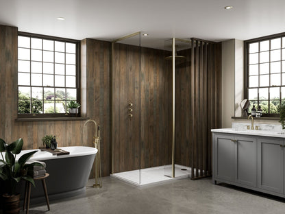 Multipanel Unlipped Salvaged Planked Elm is being shown on display in a shower and behind a bathtub. The shower panels  - The Wall Works