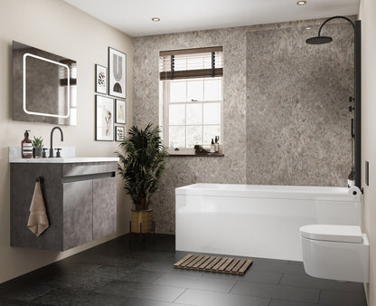 Multipanel Unlipped Siena marble on display in a shower with the shower panels covering the walls with a cut-out for the window and with a bath matching the wall panels - wall panels  - The Wall Works