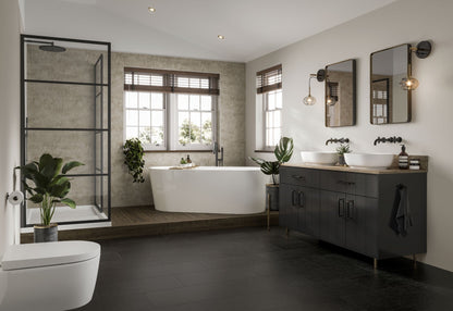 Multipanel Unlipped Stone Elements on display in a shower with a freestanding bath on a raised floor. The shower panels are mounted onto the walls with a cut-out for the window - wall panels - The wall works