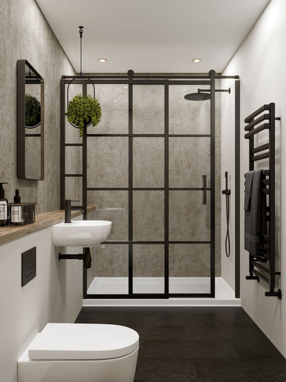 Multipanel Unlipped Stone Elements on display in a shower with a matching shower frame showing the design colour and texture of the shower panels. - wall panels - the wall works
