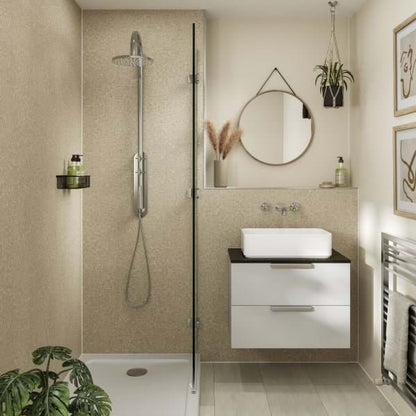 Multipanel Unlipped Tavolo taupe on display in a shower with the shower panels surrounding the walls, matching the different colours around the bathroom - shower panels - The Wall Works