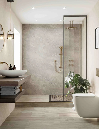 Modern bathroom featuring Valmasino Marble unlipped waterproof shower panels with sleek gold fixtures and glass partition