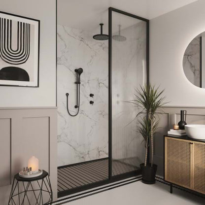 Modern bathroom featuring white grey Hydrolock waterproof shower panels with black frame and contemporary fixtures