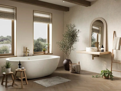 Modern bathroom featuring white mineral unlipped shower panels, freestanding bathtub, and natural light from windows.