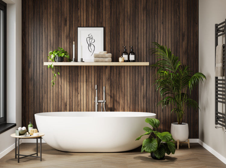 Shiplap Warmia Walnut with a bathtub obstructing the full display of the shower panels. It shows the beautiful brown shower panels - Shower Panels - The Wall Works