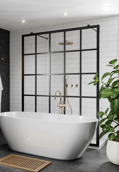 Multipanel White Grey Metro Shower panels on display in a shower with a black shower with a bath in the way. The main focus is the white wall panels - shower panels - The Wall Works 