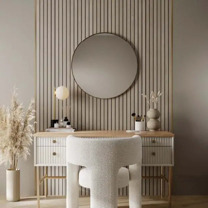 14 Slat Beige Grey Lorenzo Oak with a mirror mounted onto the wall panels  - Shower Panels - The Wall Works