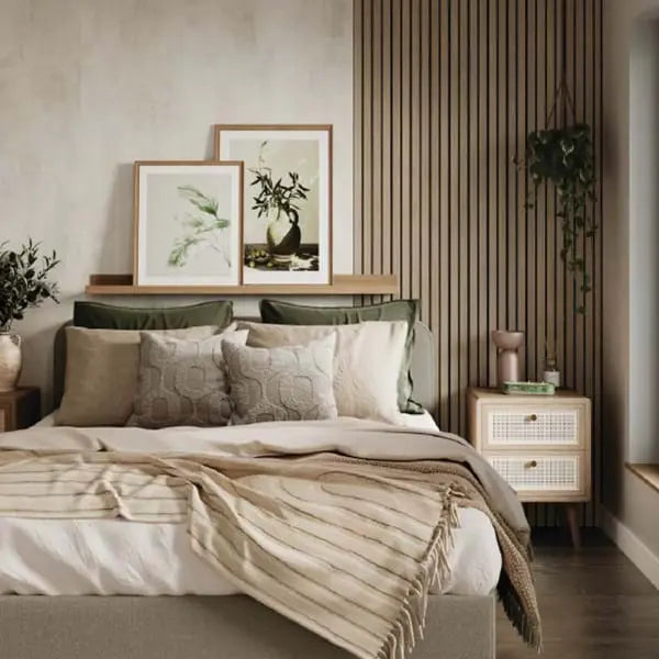 14 Slat Beige Grey Lorenzo Oak with a bed infront of it - Shower Panels - The Wall Works