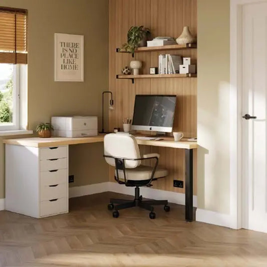 Shiplap Brown Cuneo Oak looking at a desk with the shower panels on display behind it - Shower Panels - The Wall Works