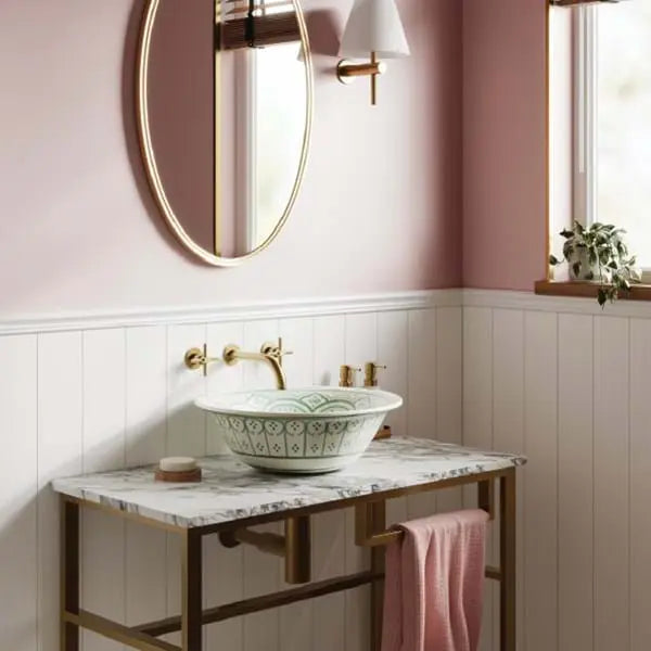 Shiplap Grained Alpine White looking at a sink with shower panels behind it at an angle - Shower Panels - The Wall Works