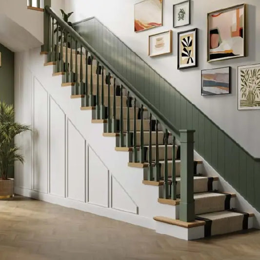 Shiplap Grained Stone Green from the side looking up on the side of the stairs - Shower Panels - The Wall Works